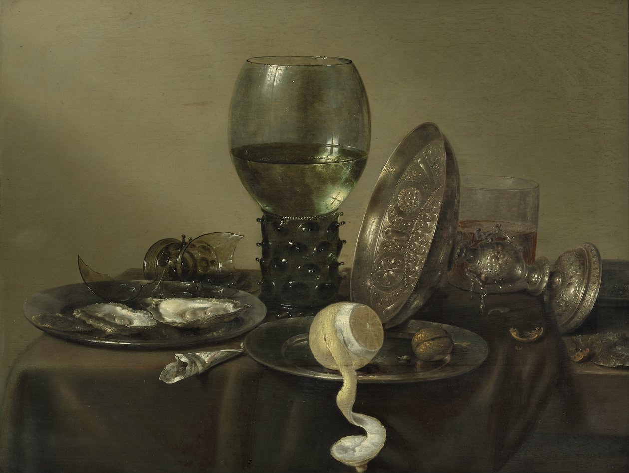 Nature morte avec huîtres, un verre, un citron et un bol en argent - Willem Claesz. Heda