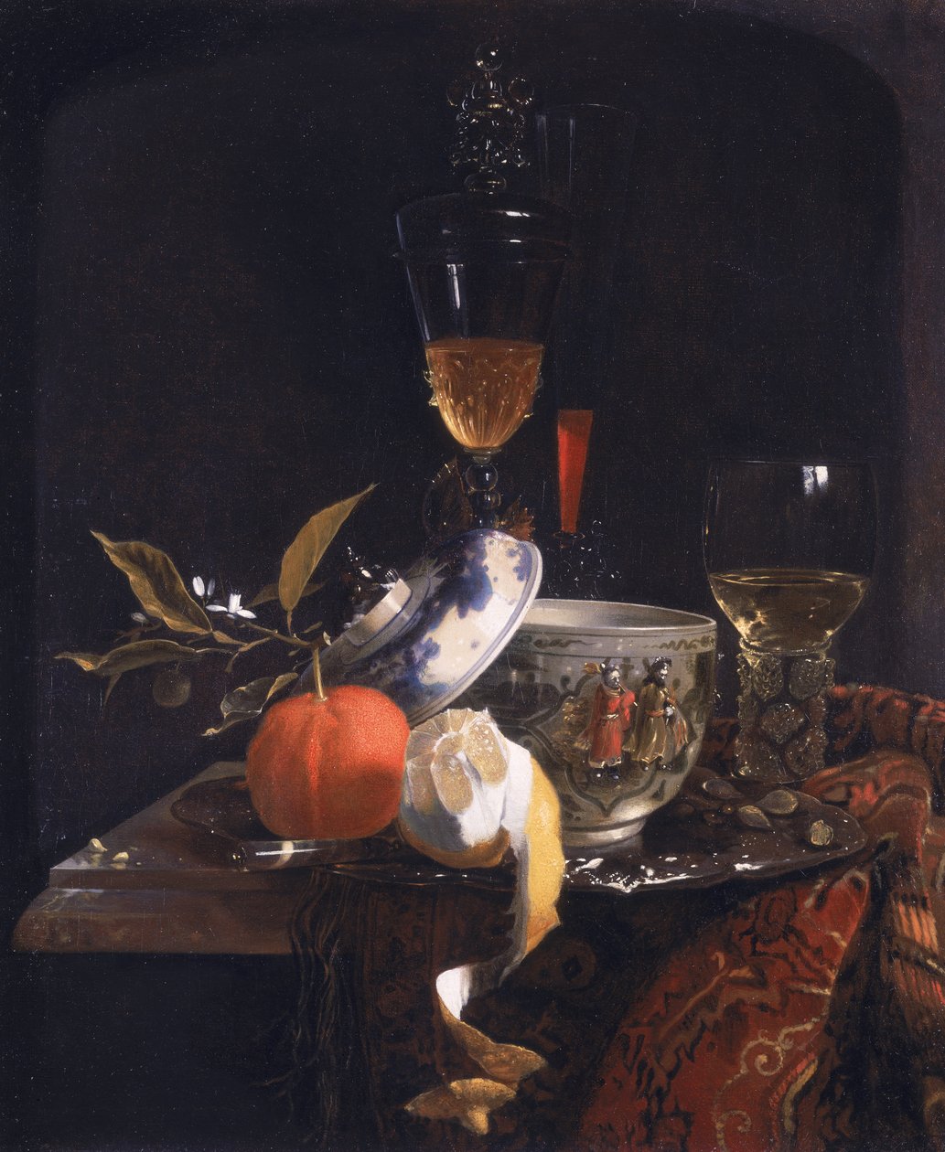 Nature morte avec pot à sucre chinois, verre à pied et fruits - Willem Kalf