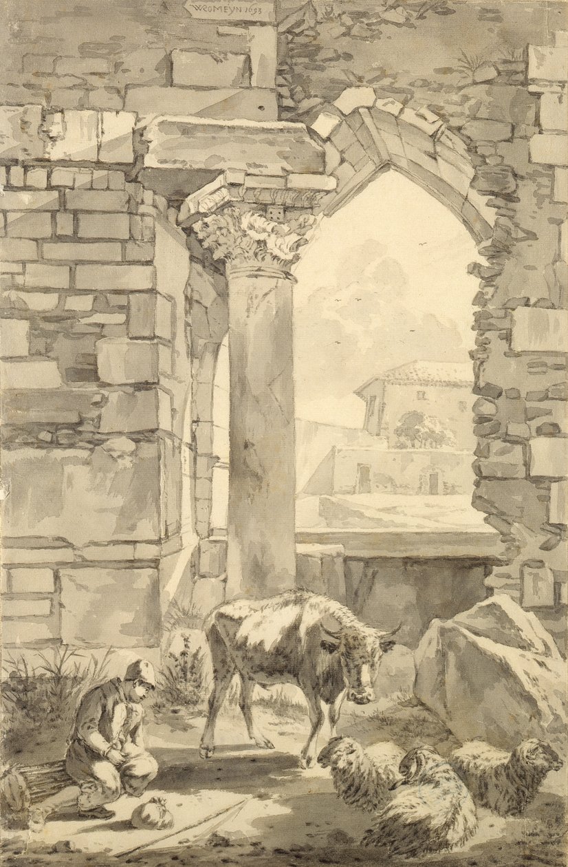 Berger avec une vache et des moutons dans une ruine, 1693 - Willem Romeyn