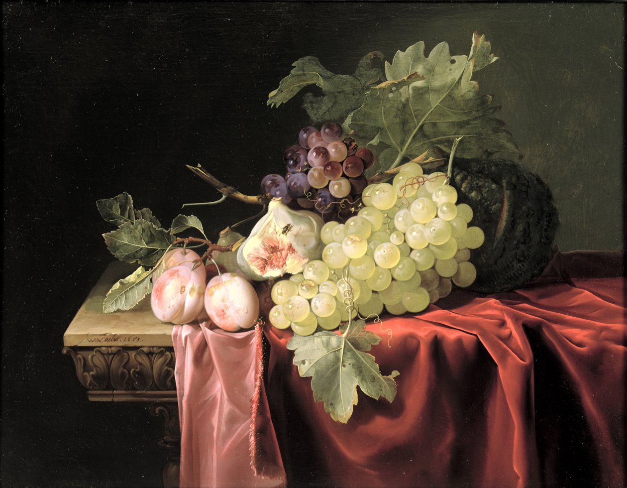 Nature morte avec raisins, prunes, figues et melon sur un rebord de pierre partiellement drapé, 1653 - Willem van Aelst