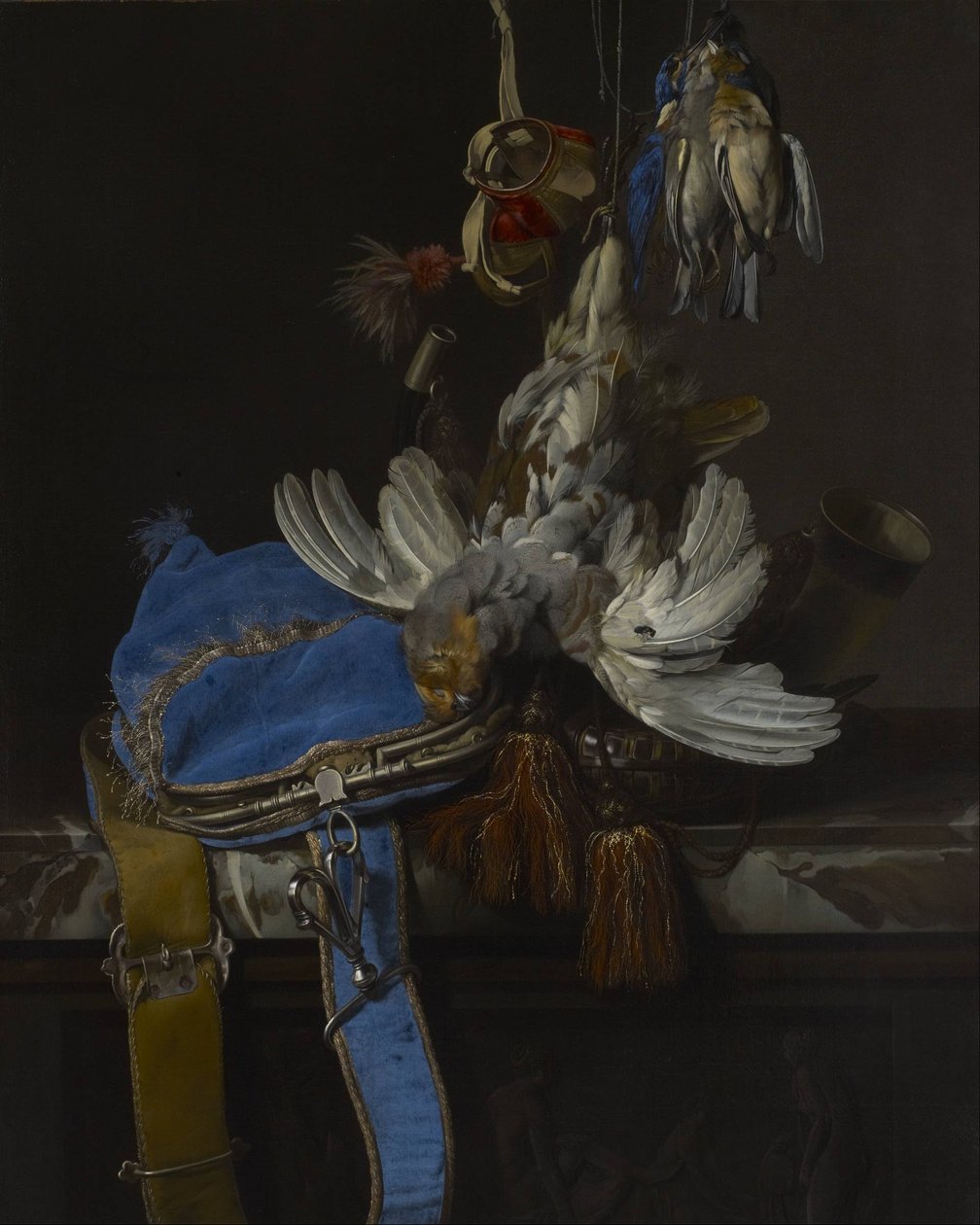 Nature morte de chasse avec un sac en velours sur un rebord de marbre - Willem van Aelst
