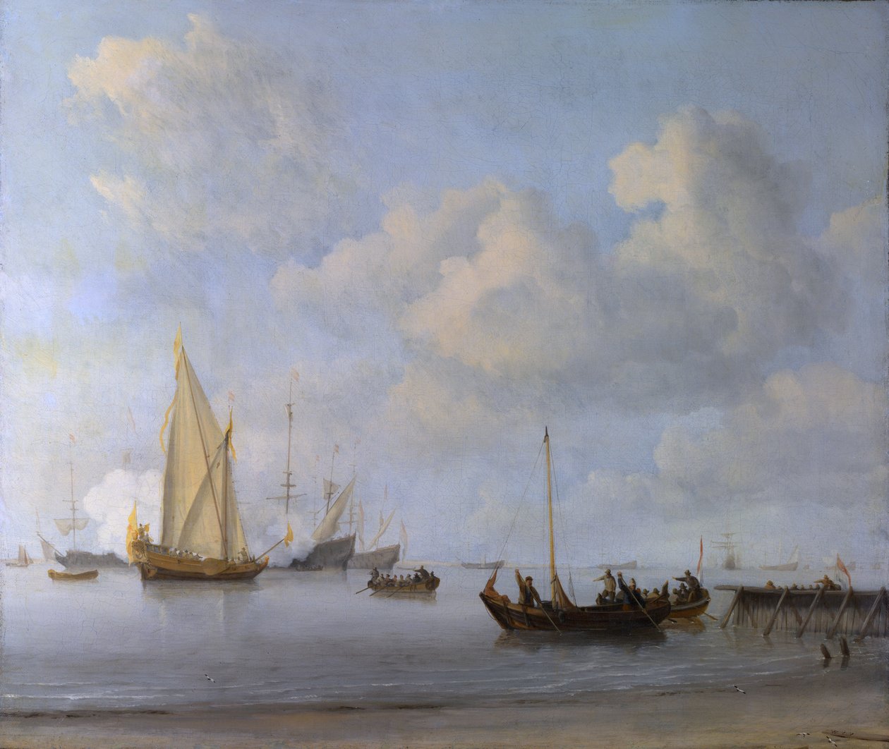 Bateaux tirant vers un yacht par temps calme - Willem van de Velde the Younger