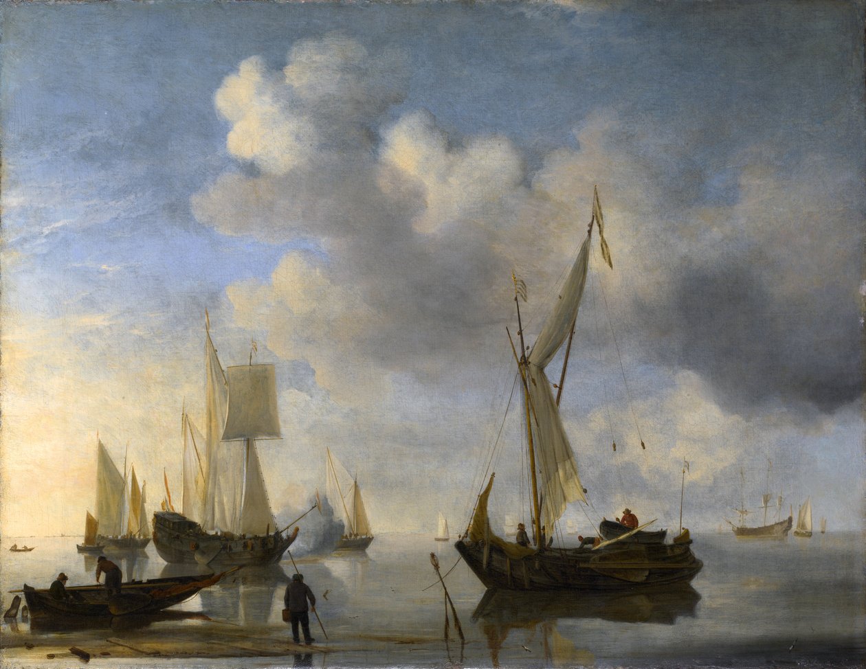 Navires néerlandais près du rivage par temps calme, l