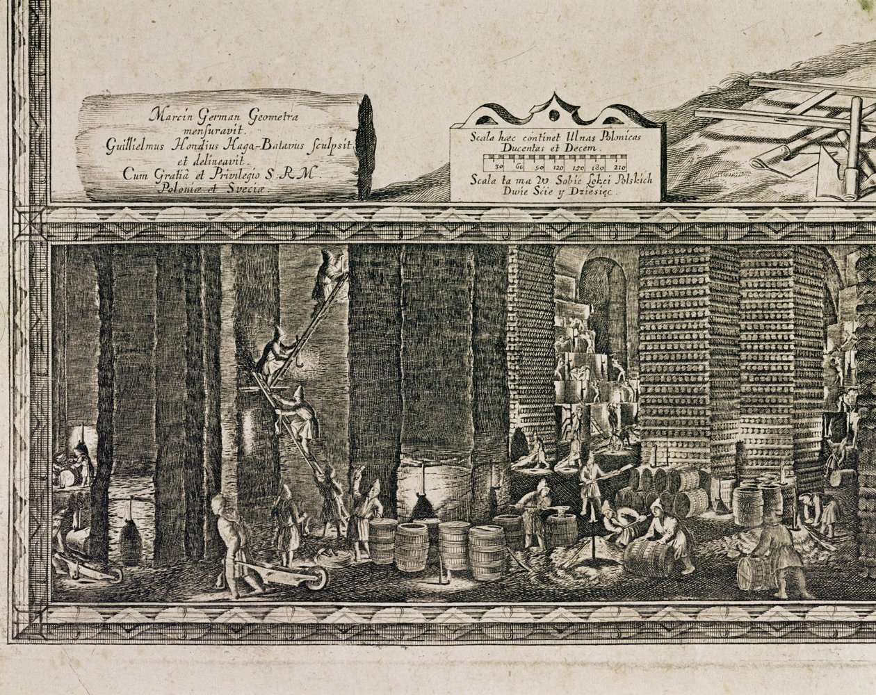 Les mines de sel de Wieliczka, près de Cracovie, produisaient environ un tiers des revenus des rois polonais ... (gravure) - Willem (c.1597 1660) Hondius
