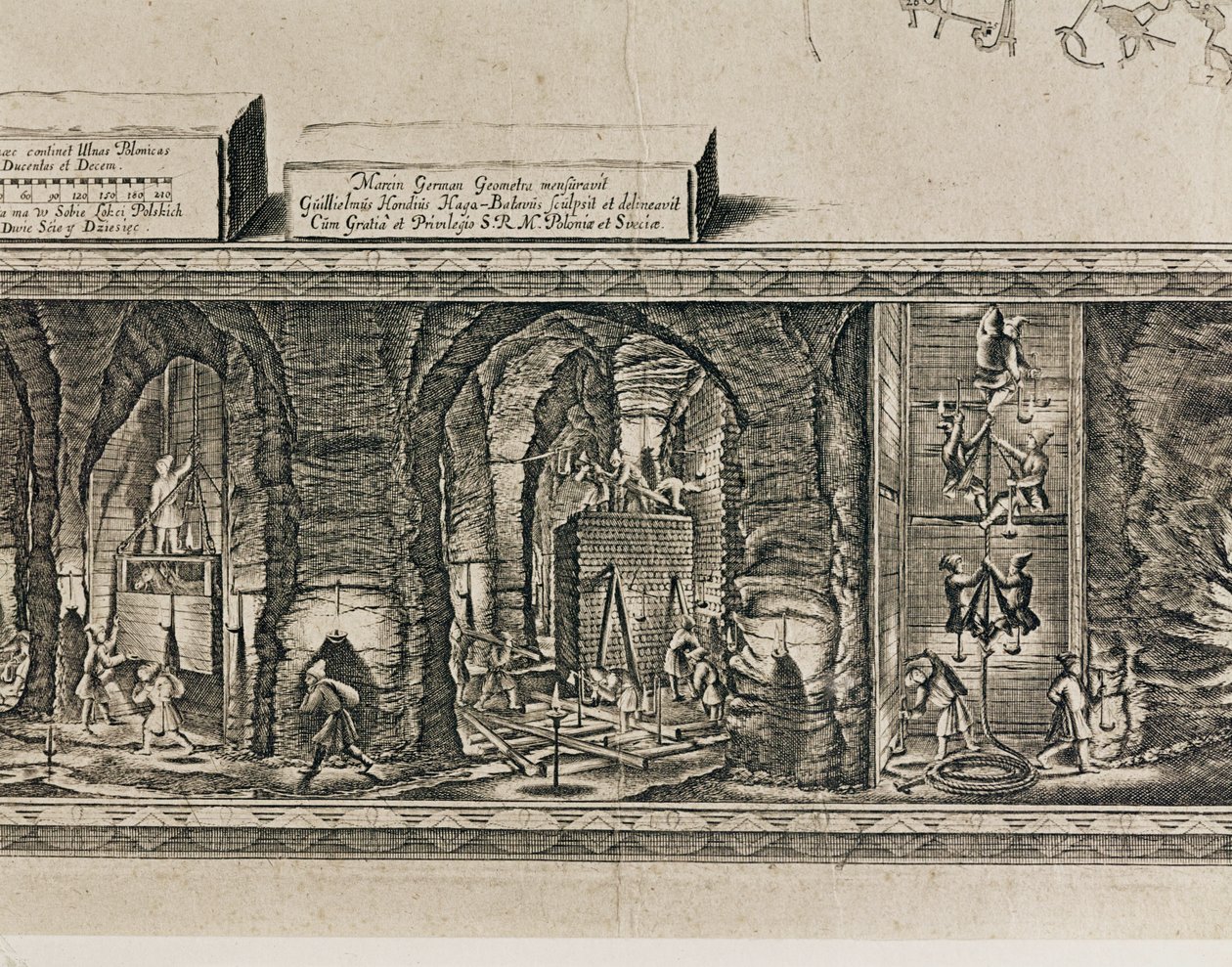 Les mines de sel de Wieliczka, près de Cracovie, produisaient environ un tiers des revenus des rois polonais ... (gravure) - Willem (c.1597-1660) Hondius