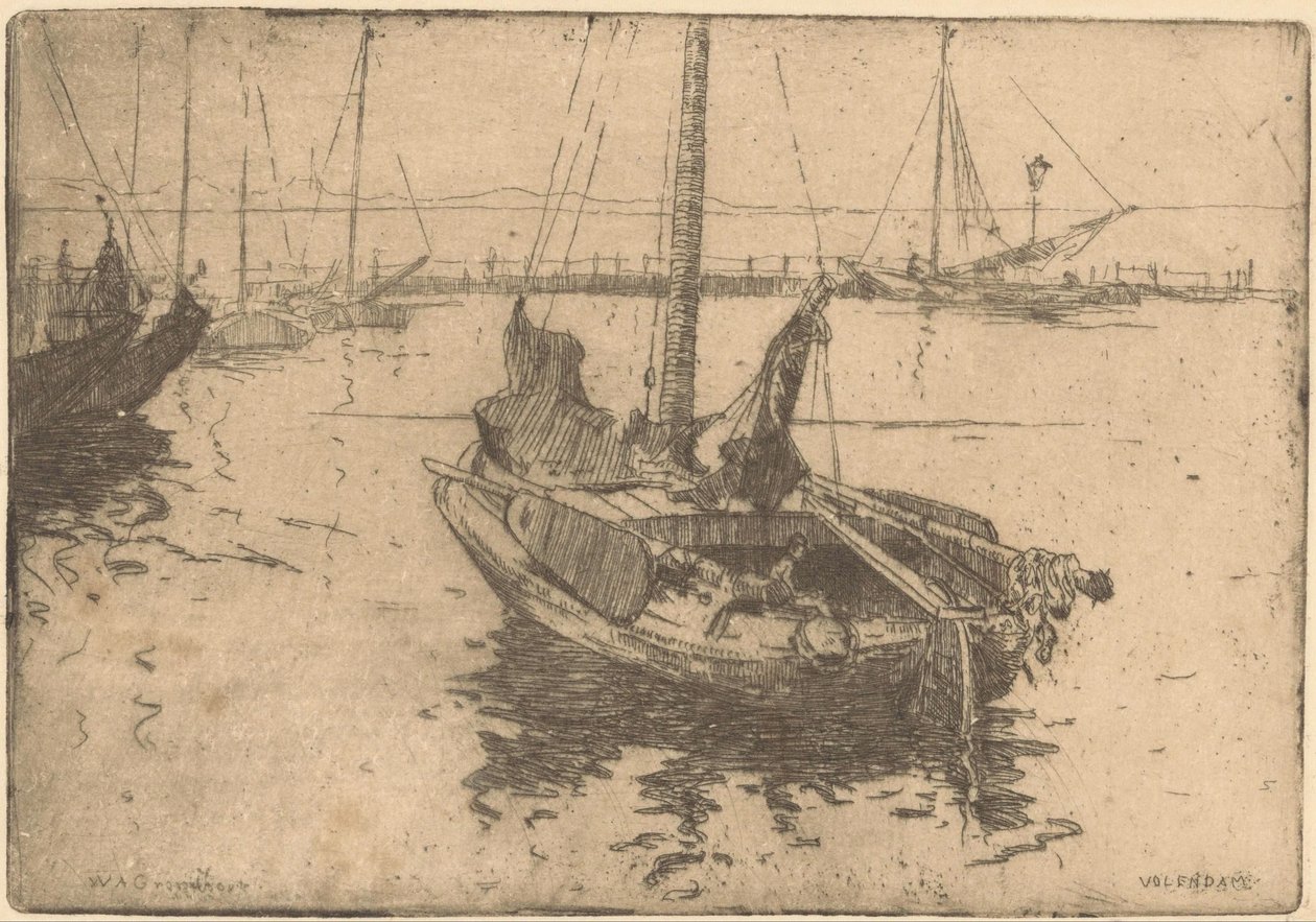 Bateaux dans le port de Volendam - Willem Adrianus Grondhout (signed by artist)