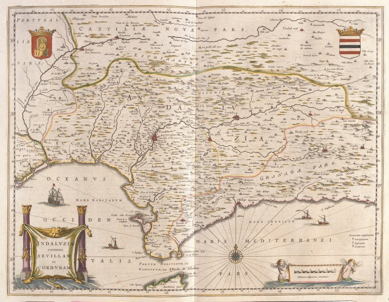 Andalousie et ville de Séville, détroit de Gibraltar, dans "Theatrum Orbis Terrarum, sive Atlas Novus" de Willem Blaeu, Amsterdam - Willem Blaeu