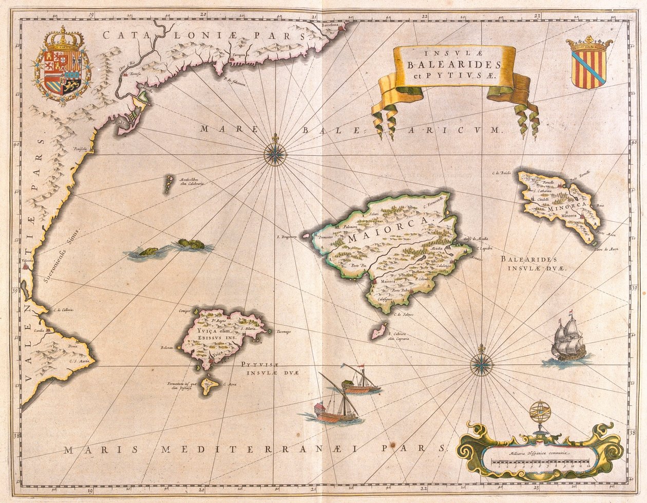 Majorque, Minorque et Ibiza, y compris les côtes de Catalogne et de Valence, dans le "Theatrum Orbis Terrarum, sive Atlas Novus" de Willem Blaeu, Amsterdam. - Willem Blaeu