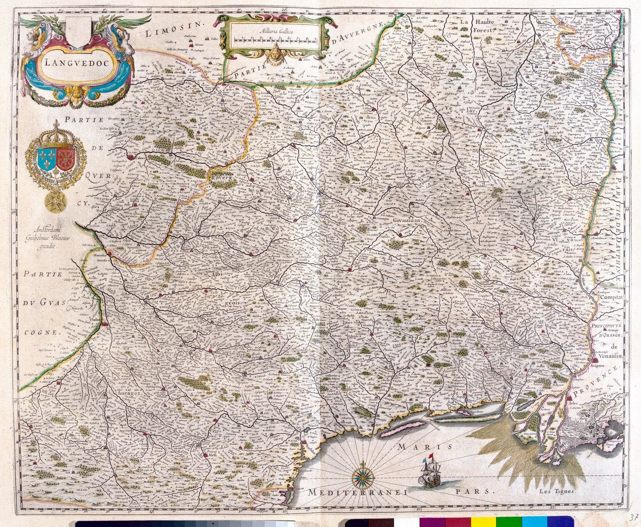 Carte couvrant le Languedoc - Roussillon - Montpellier - Toulouse - Avignon - Arles, dans "Theatrum Orbis Terrarum, sive Atlas Novus" par Willem Blaeu, Amsterdam. - Willem Blaeu