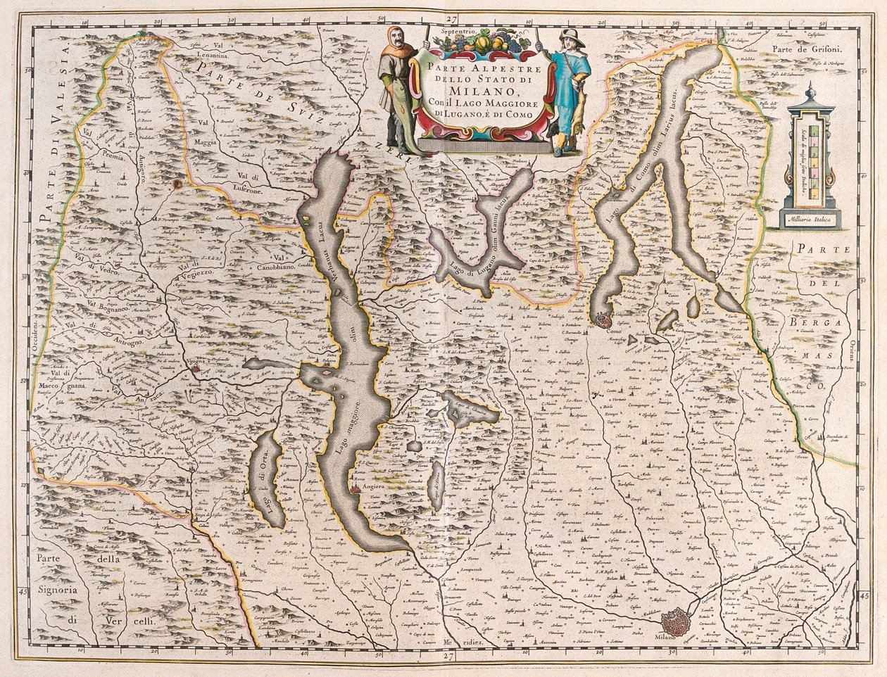 Milan, avec les lacs : Maggiore, Lugano et Como, Italie-Suisse - dans "Theatrum Orbis Terrarum, sive Atlas Novus" de Willem Blaeu, Amsterdam - Willem Blaeu