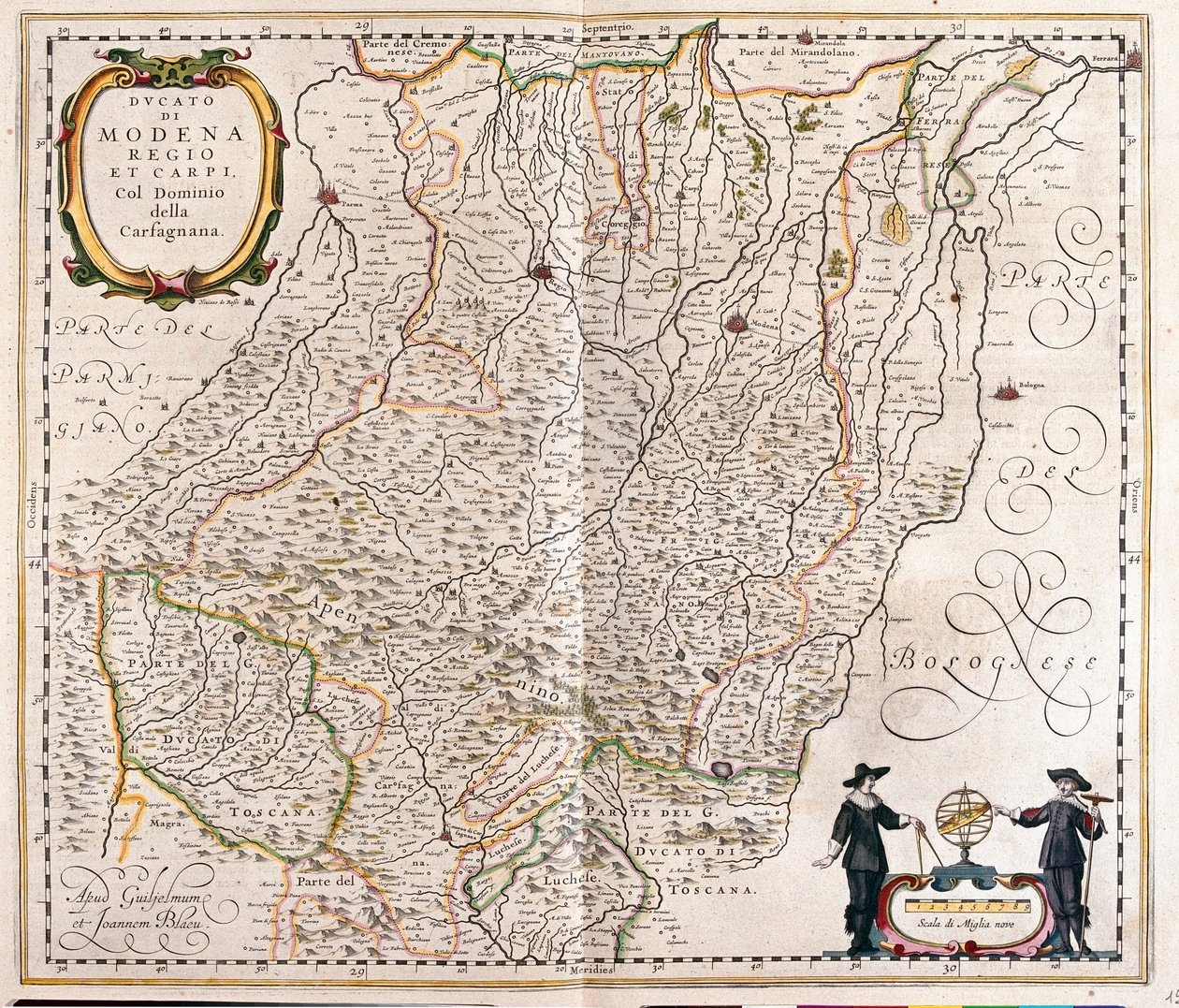 Modène, Reggio Emilia, Carpi, partie terminale de la Garfagnana, Italie, dans "Theatrum Orbis Terrarum, sive Atlas Novus" de Willem Blaeu, Amsterdam. - Willem Blaeu
