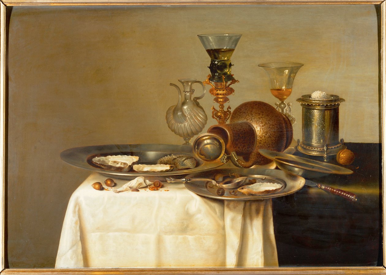 Coupes et huîtres (huile sur bois de chêne) - Willem Claesz. Heda