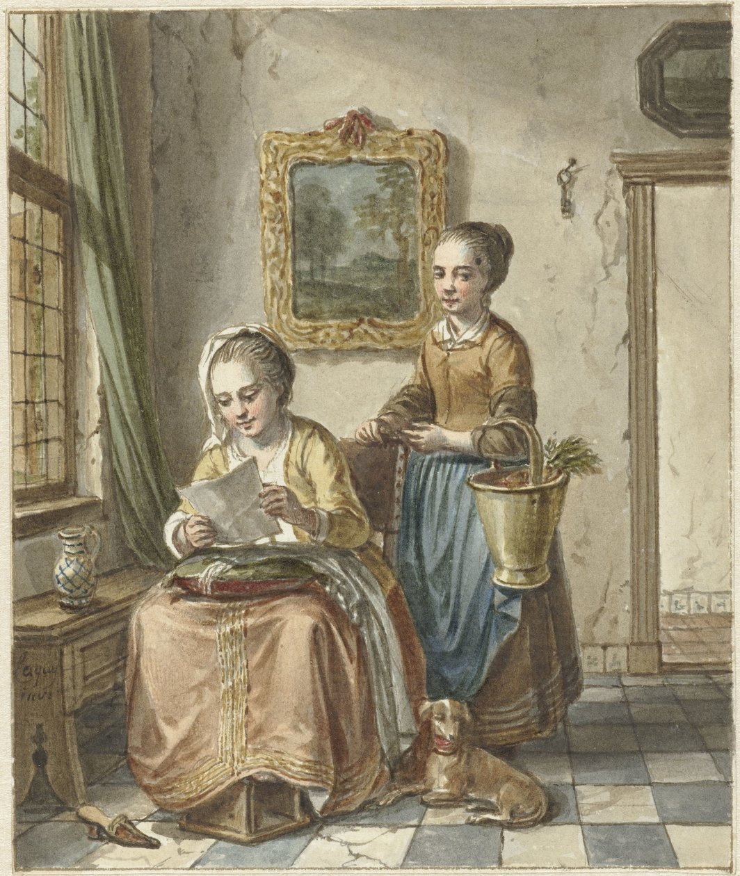 Femme assise avec une servante, lisant une lettre - Willem Joseph Laquy