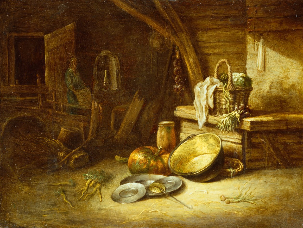 Une cuisine avec des légumes dans un panier en osier, des assiettes en étain et une citrouille - Willem Kalf