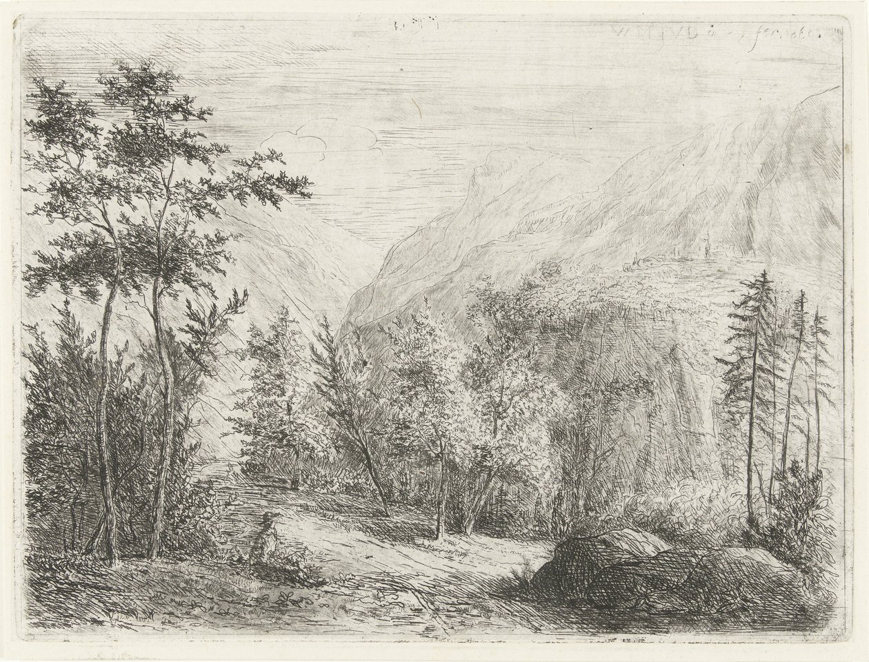 Paysage de montagne avec figure reposante le long de la route - Willem Matthias Jan van Dielen