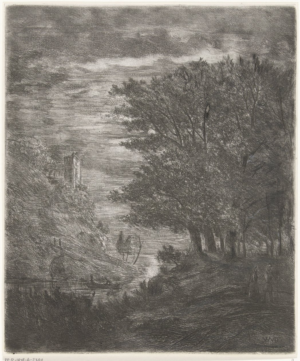 Paysage vallonné avec ruine et bateau sur l