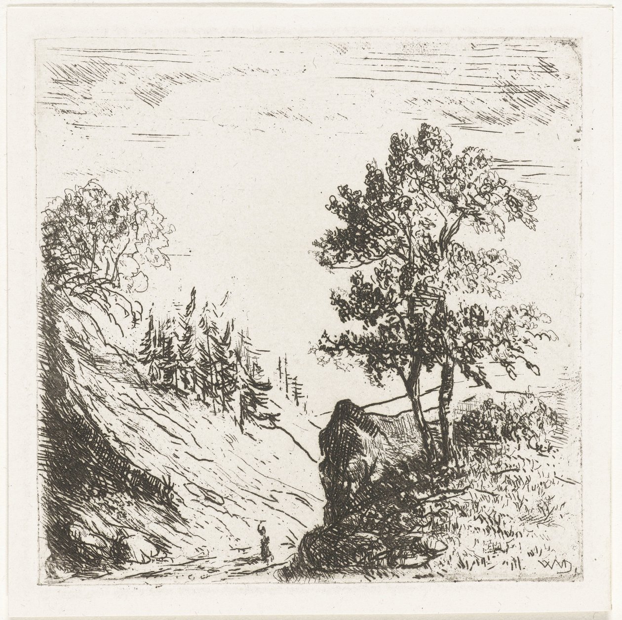 Paysage vallonné avec deux arbres sur un rocher - Willem Matthias Jan van Dielen