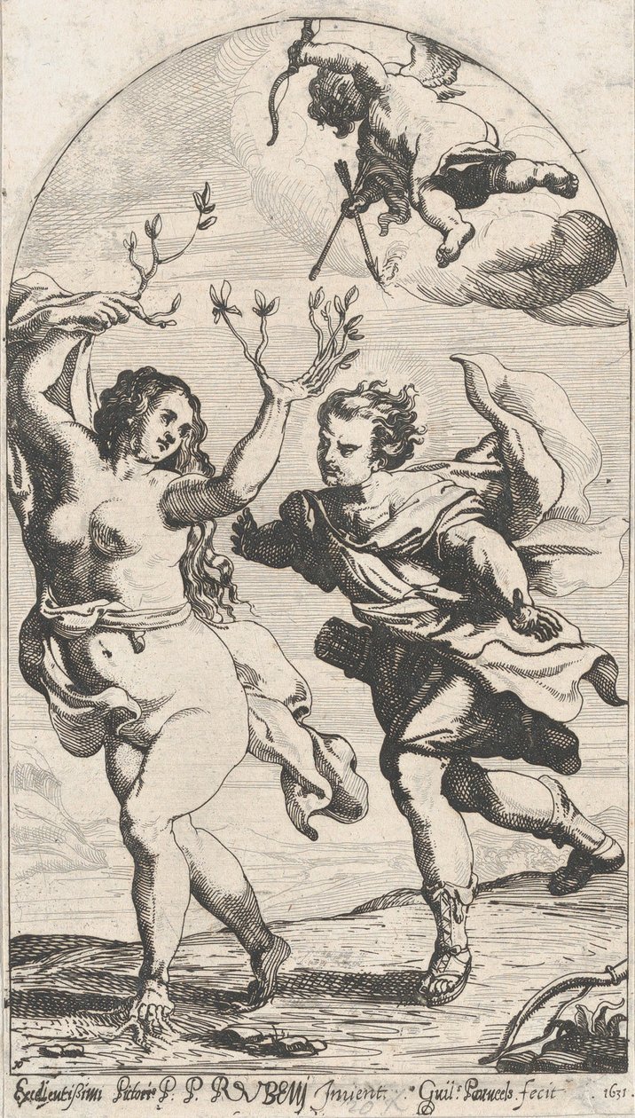 Daphné fuyant Apollon, avec Cupidon au-dessus - Willem Panneels