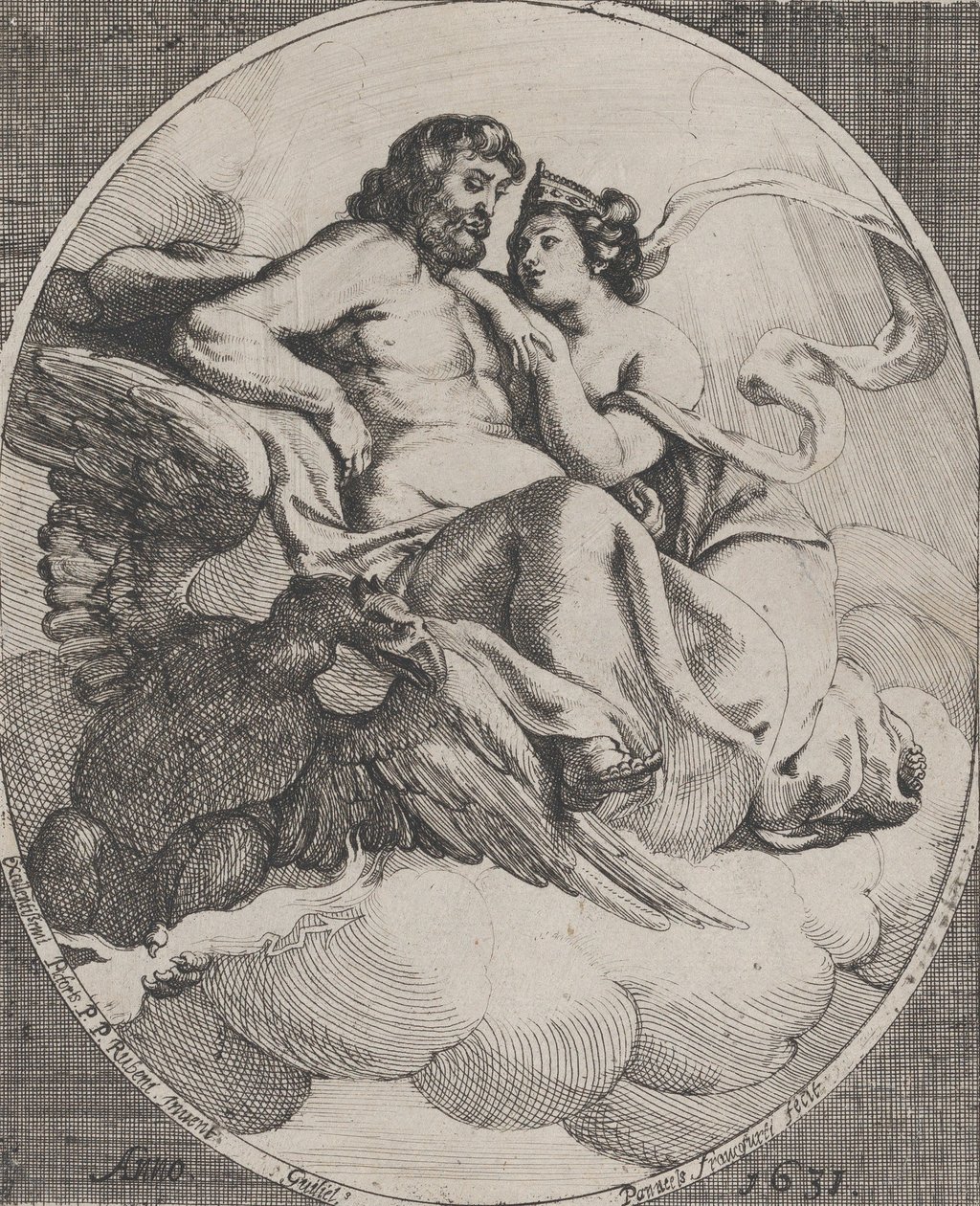 Jupiter et Junon assis sur des nuages, avec un aigle tenant des éclairs en bas à gauche - Willem Panneels