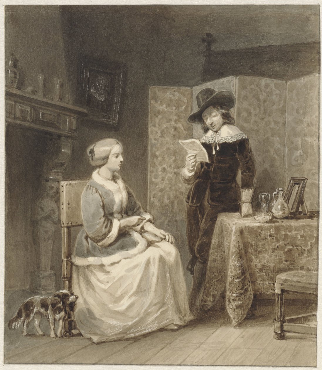 Intérieur historique avec femme assise et homme debout lisant - Willem Pieter Hoevenaar
