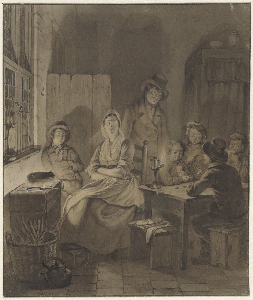 Intérieur avec groupe de personnes autour d