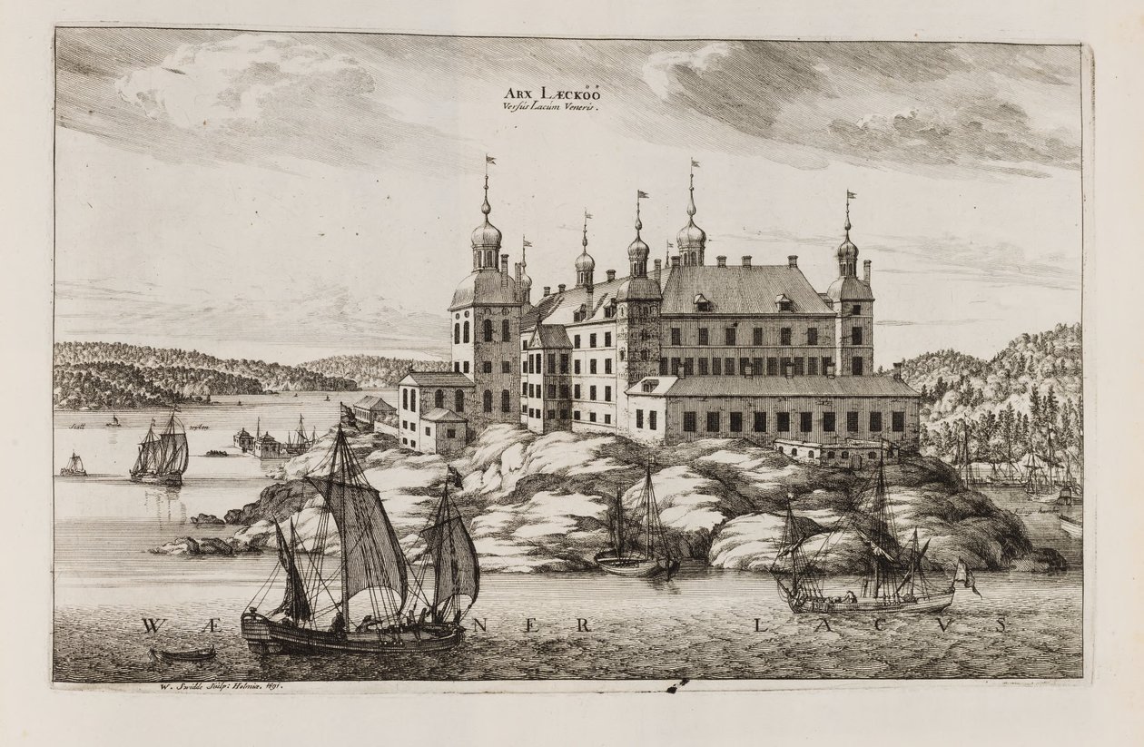 Château de Läckö du côté du lac Vänern. Extrait de « Suecia antiqua et hodierna » - Willem Swidde