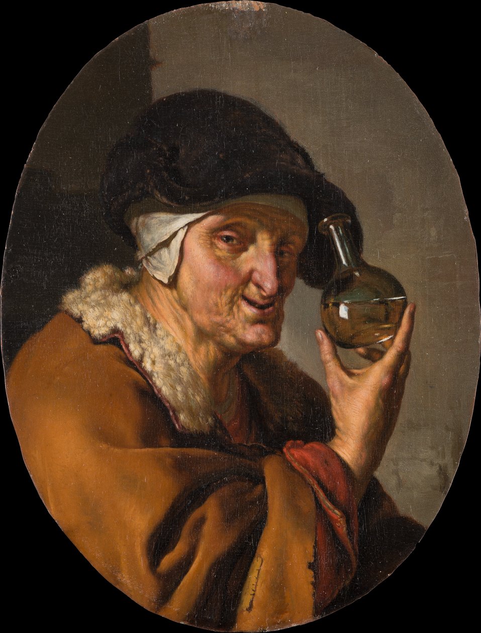Une vieille femme avec un flacon d