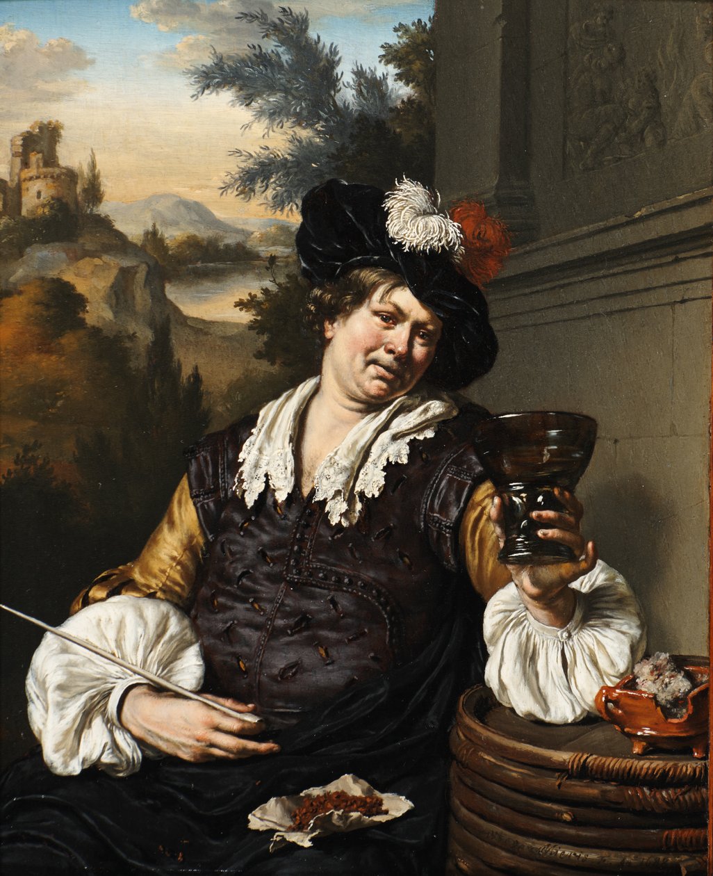 Sitzender Mann mit Berkemeier und Pfeife - Willem Van Mieris
