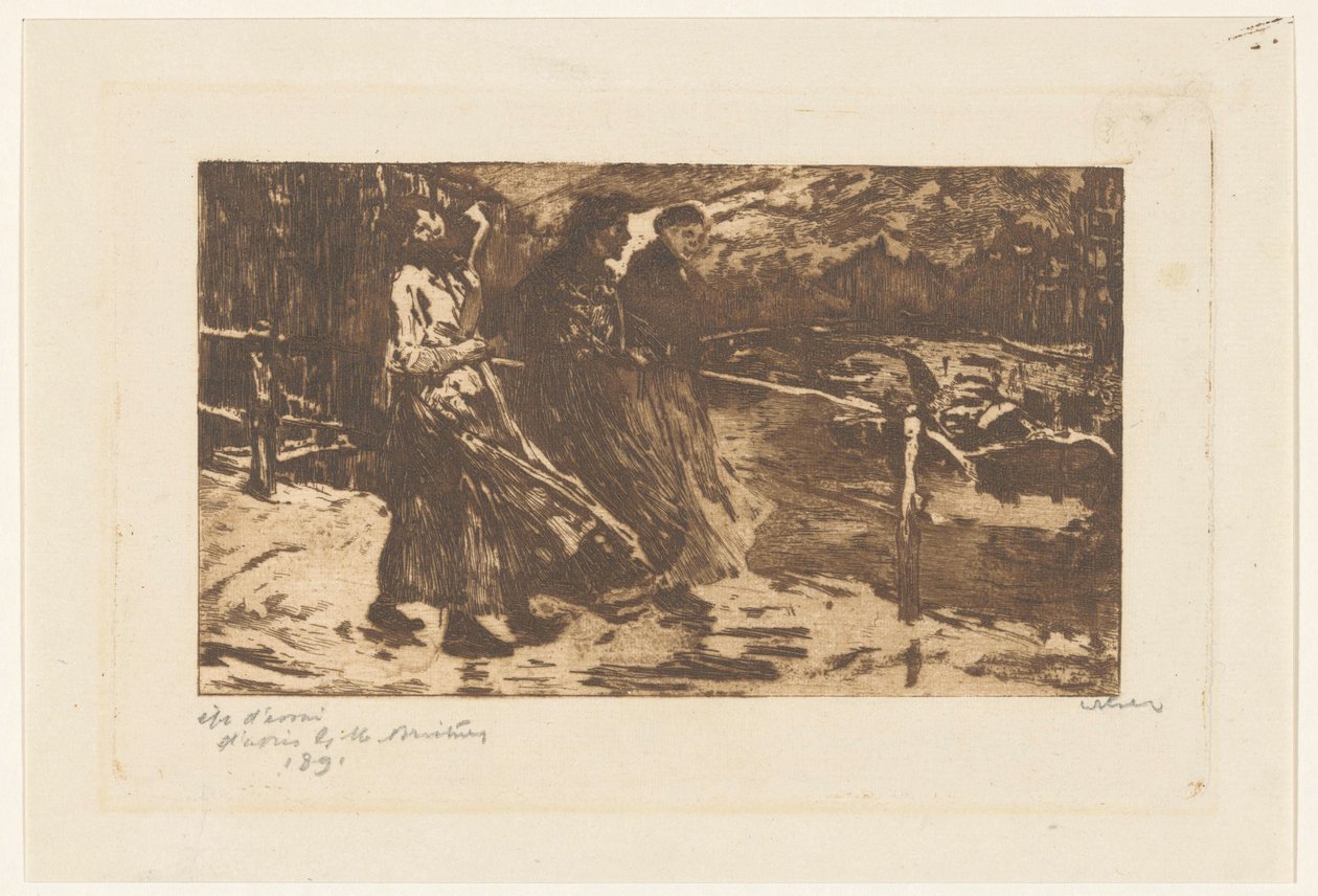 Trois femmes sur un pont sous la pluie et le vent - Willem Witsen (signed by artist)