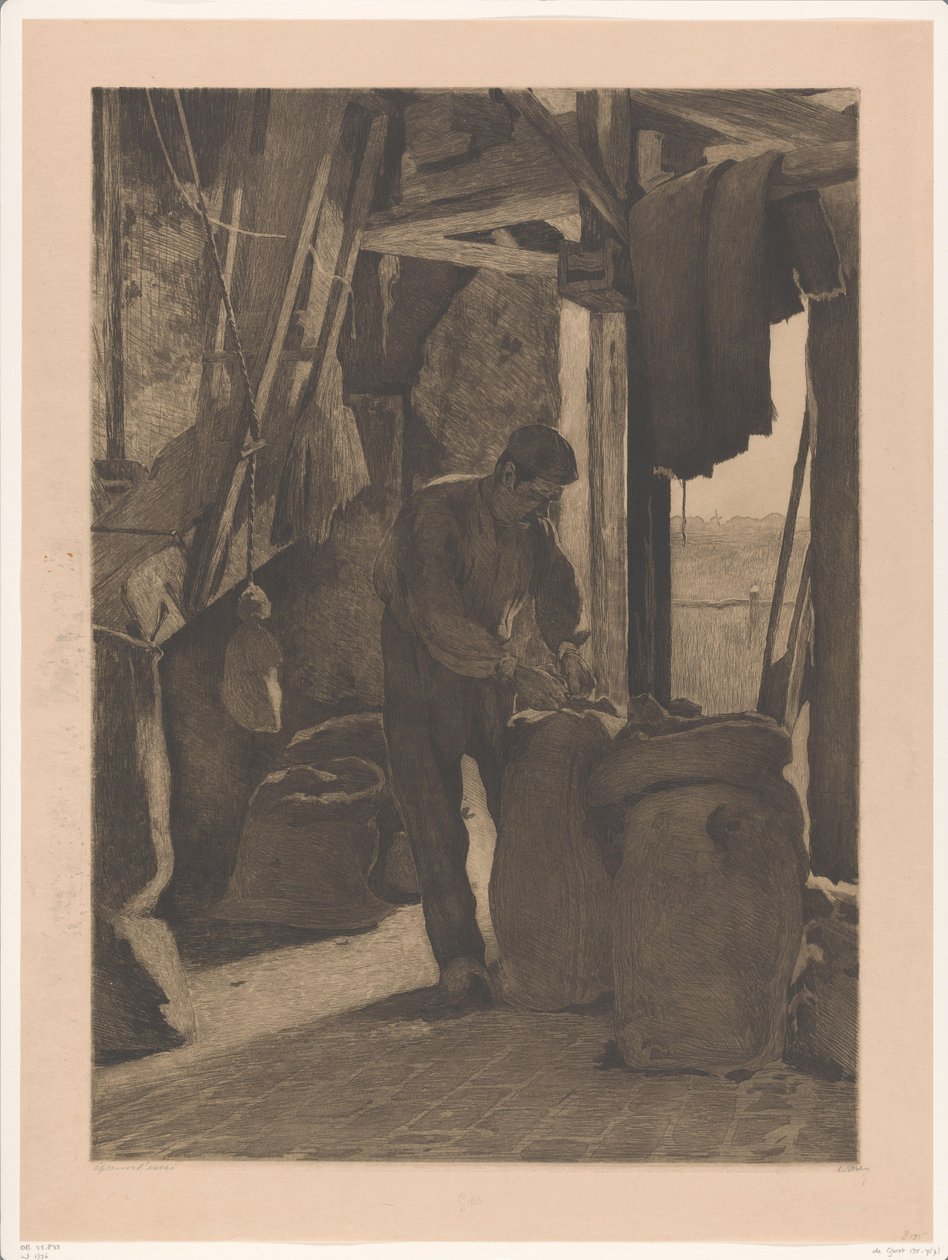 Meunier dans le moulin à grain de Wijk bij Duurstede fermant un sac - Willem Witsen (signed by artist)