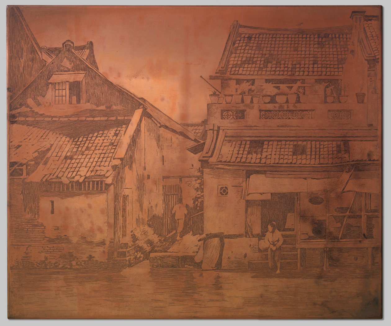 Batavia. Maisons au bord de la rivière, blanchisseuse sur les marches d