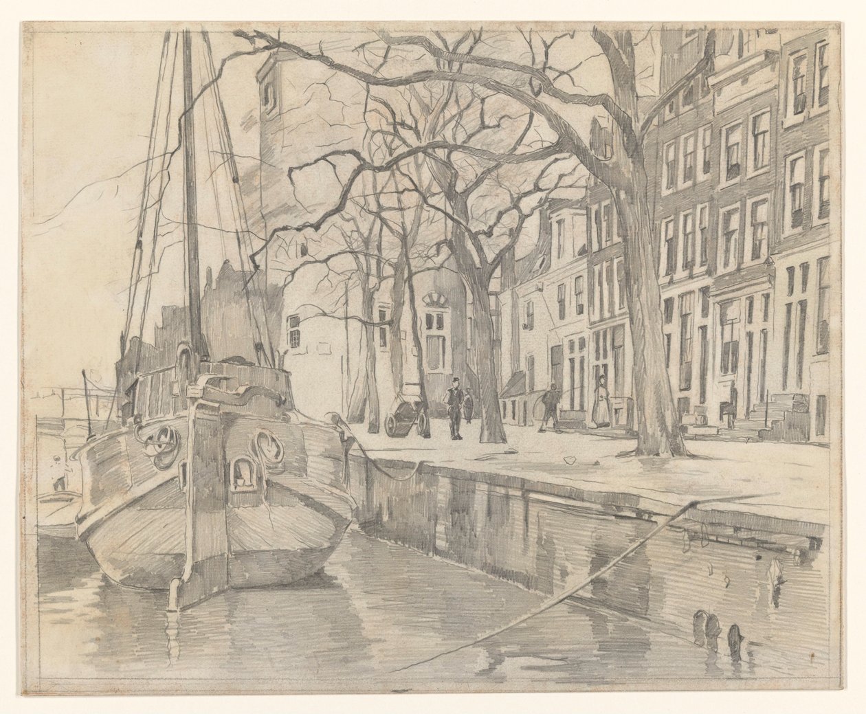 Vue depuis le canal Waalseilandsgracht sur la tour Montelbaan et quelques maisons bordant l