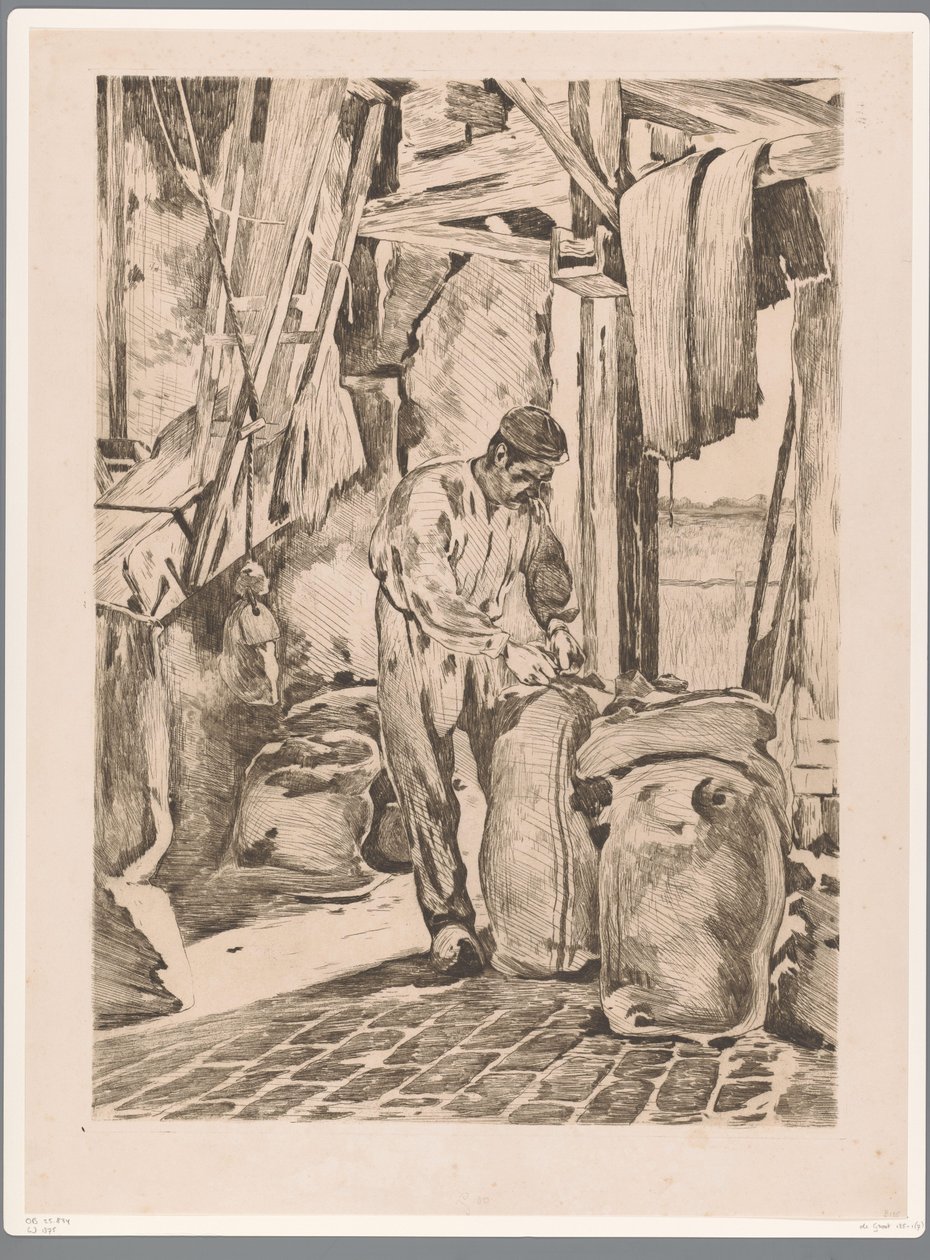 Meunier dans le moulin à grain de Wijk bij Duurstede fermant un sac - Willem Arnoldus Witsen