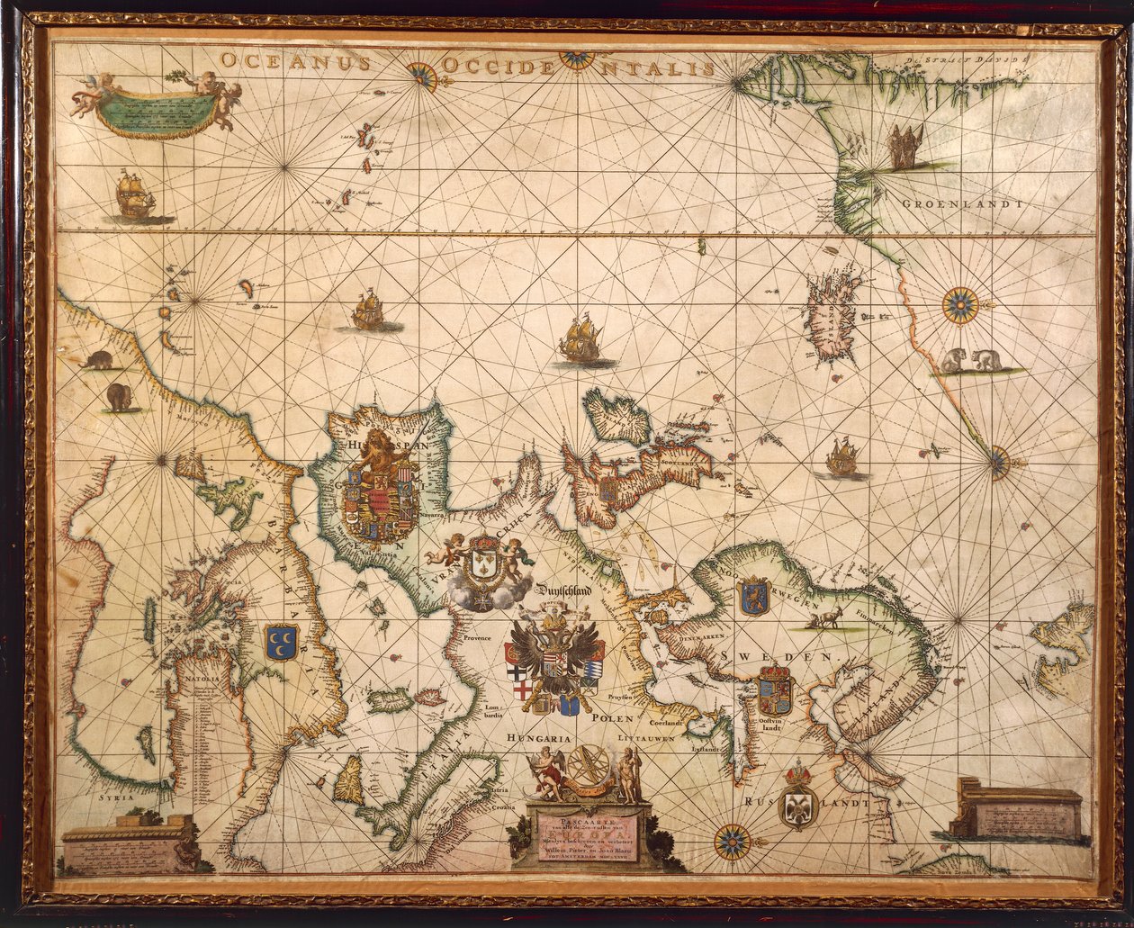 Côte européenne, carte sur parchemin par Willem et Joan Blaeu - Willem and Joan  Blaeu