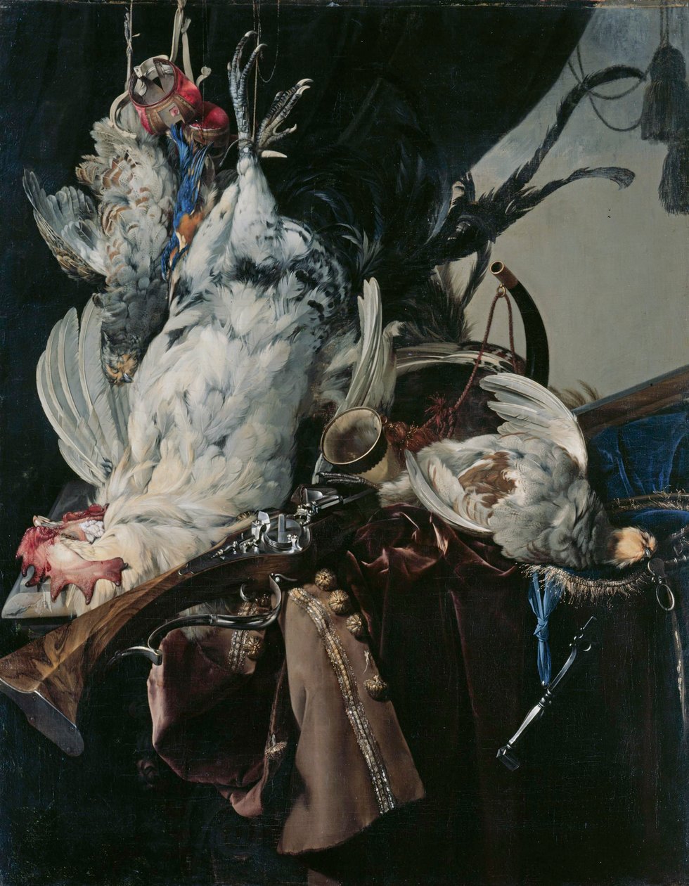 French : Nature morte avec des oiseaux abattus et du matériel de chasse Still life with game and hunting gear - Willem van Aelst
