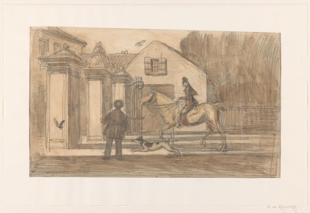 La barrière sur le chemin de Scheveningen à La Haye ; un cavalier avec un chien passant - Willem van Konijnenburg