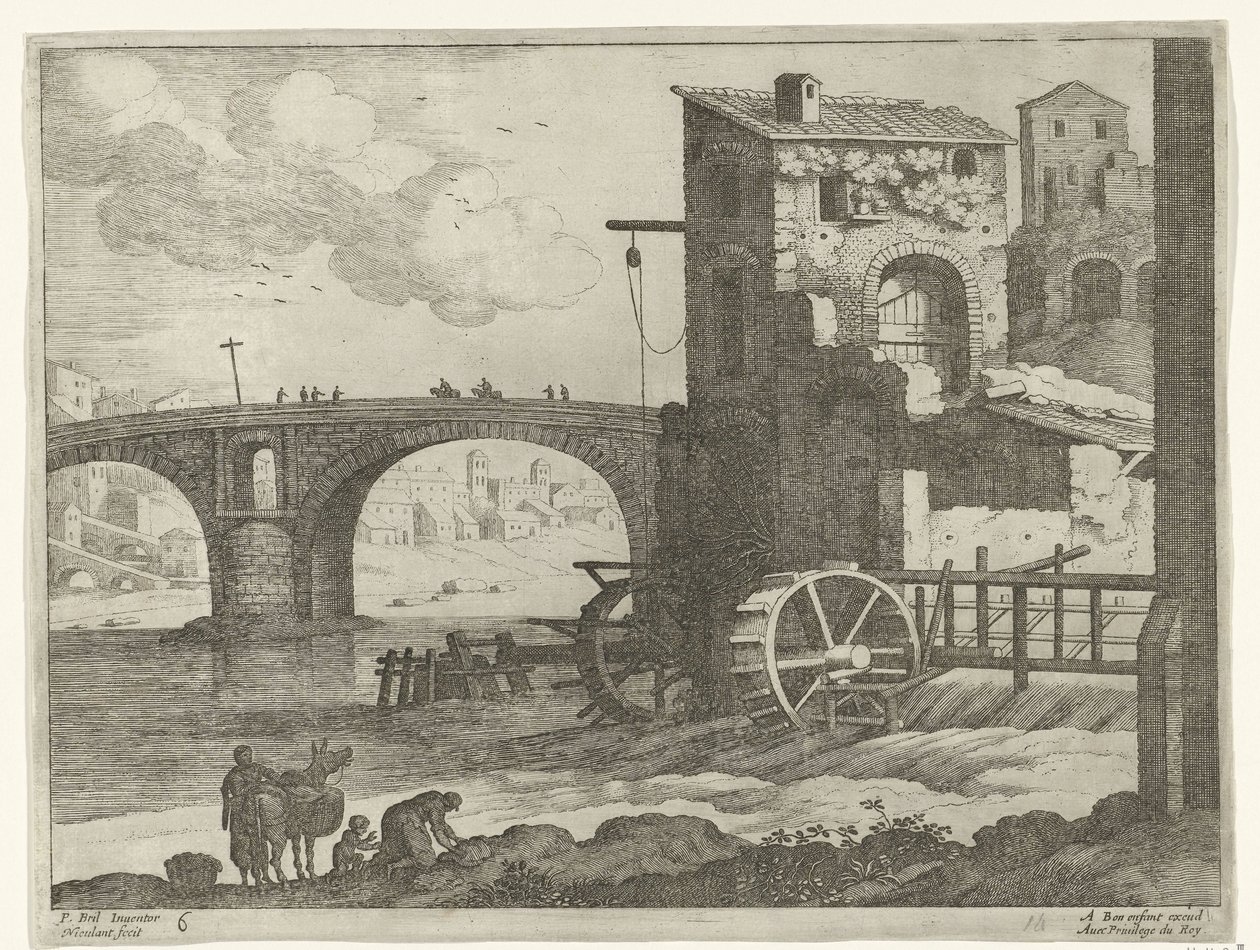 Pont et moulin à eau (Italiaanse landschappen) - Willem van Nieulandt (II)