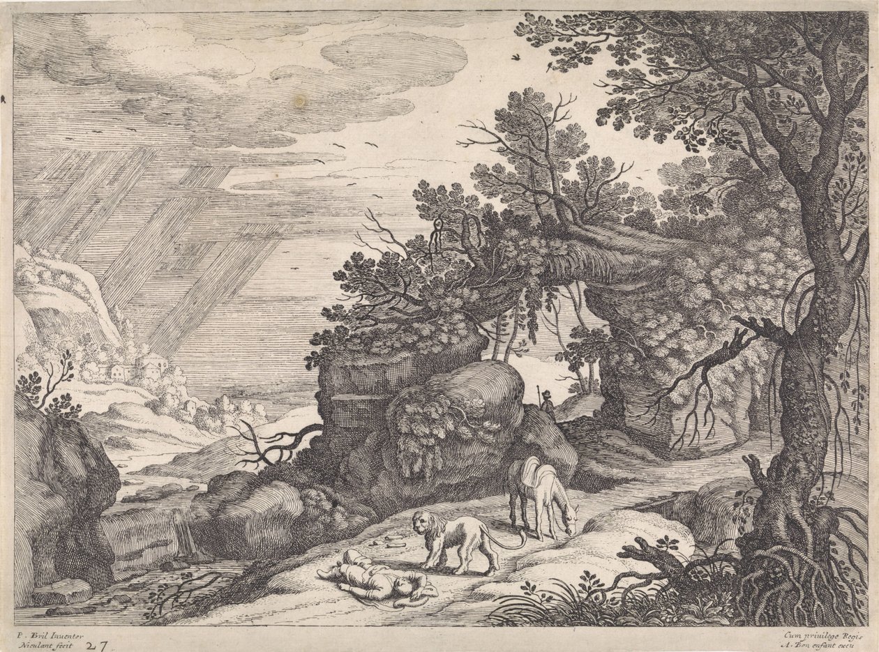 Paysage avec un homme de Dieu mort, un lion et un âne (Paysages italiens) - Willem van Nieulandt (II)