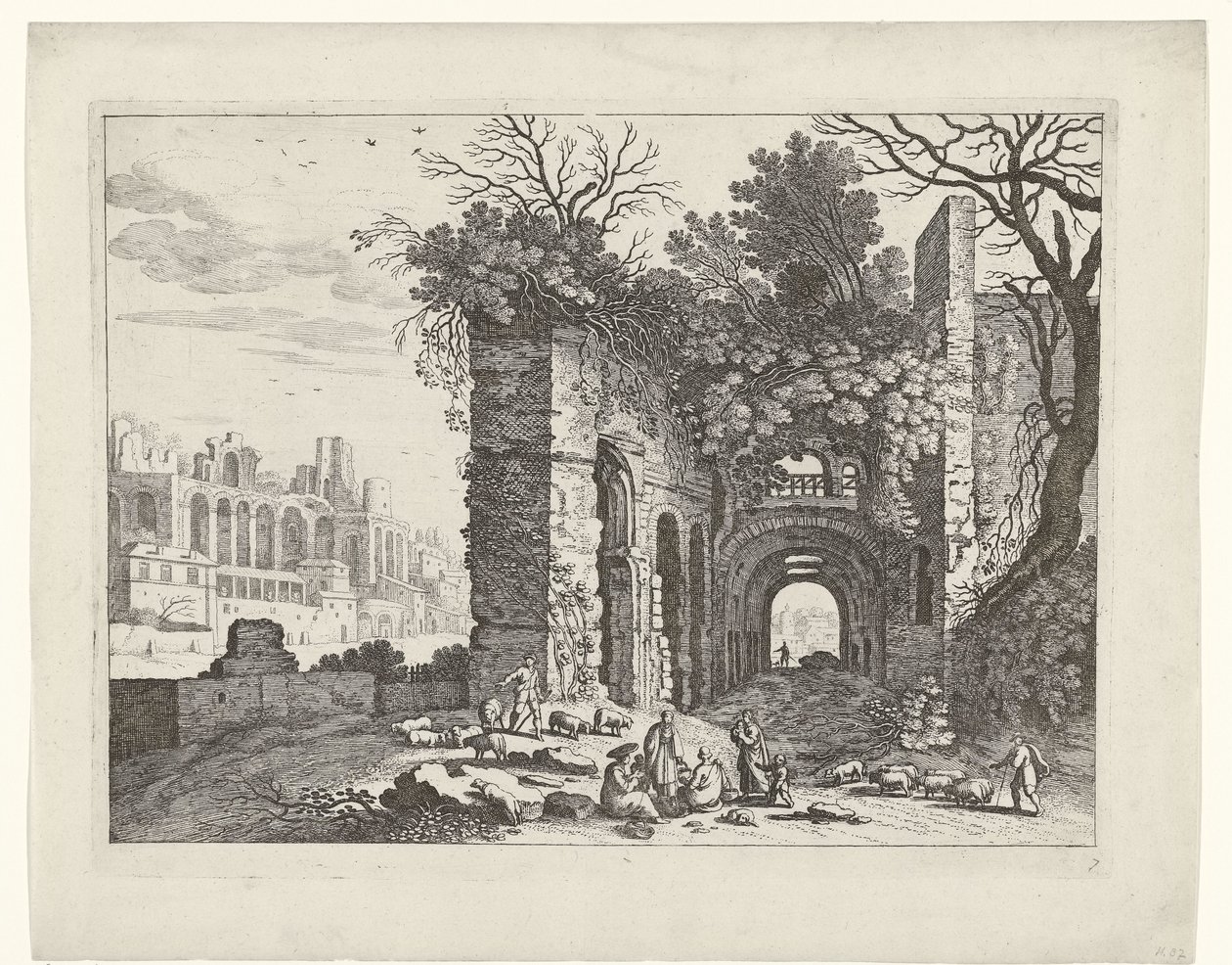 Famille reposant devant une ruine (Paysages italiens, titre de la série) - Willem van Nieulandt (II)