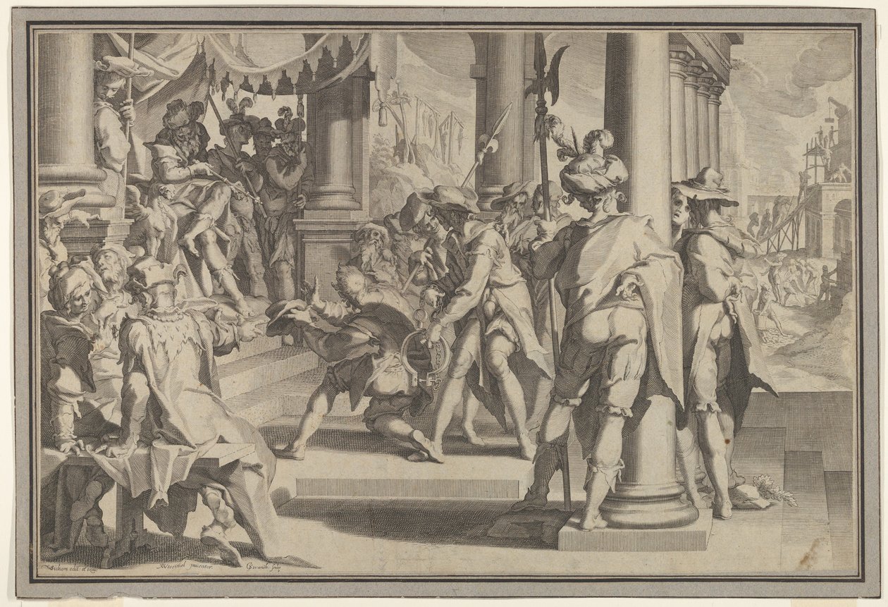 Allégorie de la Justice et de la Sainteté de la Loi avec une scène de tribunal représentant un homme gracié, 1605 - Willem van Swanenburg