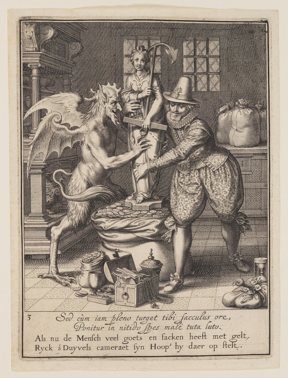 Un homme et le diable remplissent un sac d