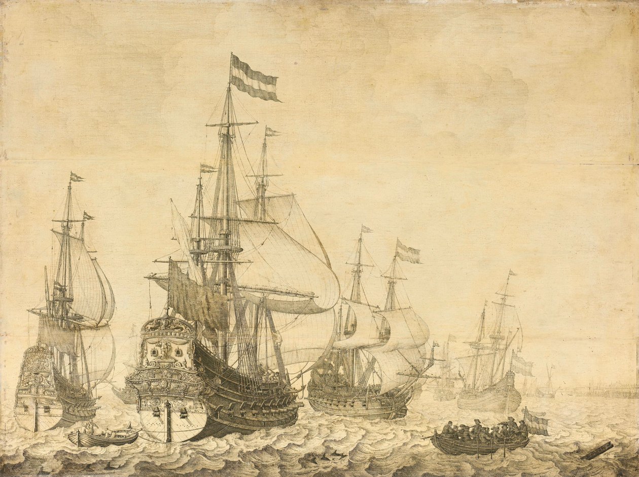 Paysage marin avec les navires de guerre néerlandais, y compris le Drenthe et le Prince Frédéric-Henri - Willem van de Velde (I)