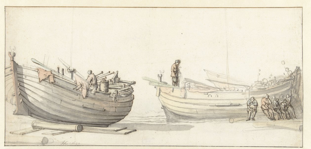 Étude de deux bateaux de pêche avec des figures - Willem van de Velde (II) (attributed to)