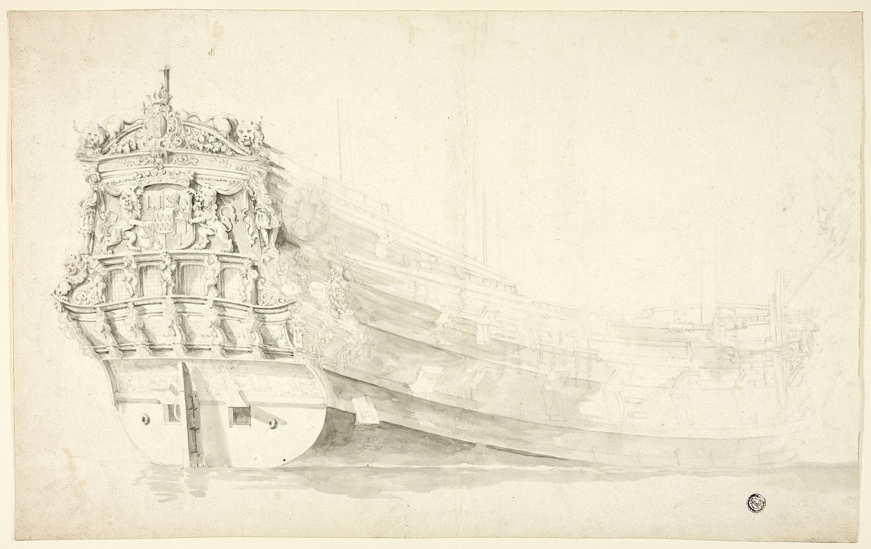 Navire hollandais avec proue ornementale vu de la hanche tribord - Willem van de Velde I