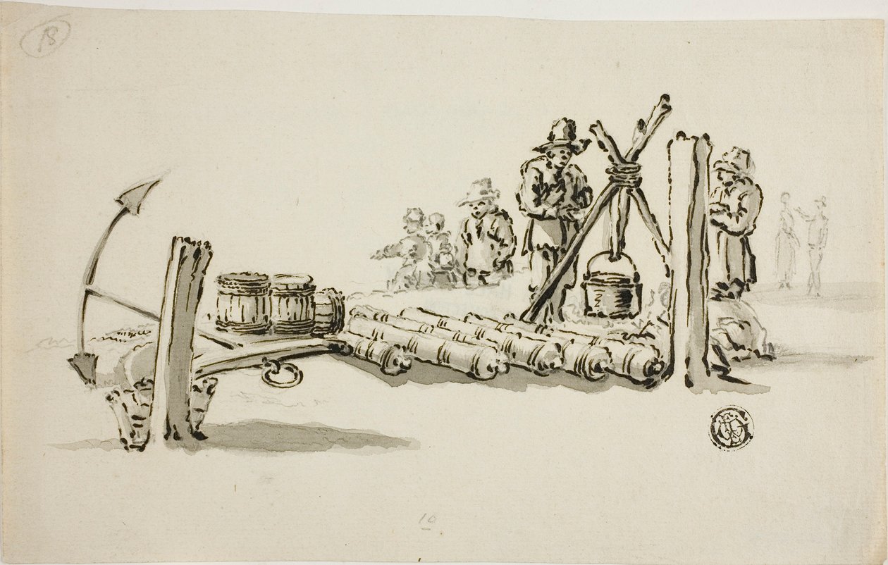 Des hommes avec des canons, des tonneaux de poudre et une ancre - Willem van de Velde I