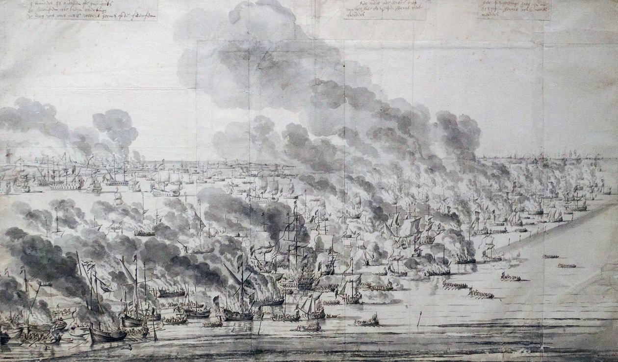 Robert Holmes incendiant la flotte hollandaise à Terschelling - Willem van de Velde the Elder