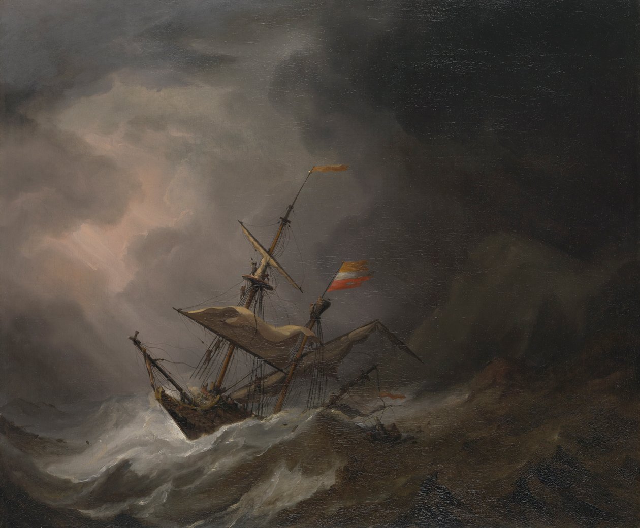 Une brigantine méditerranéenne dérivant vers une côte rocheuse lors d
