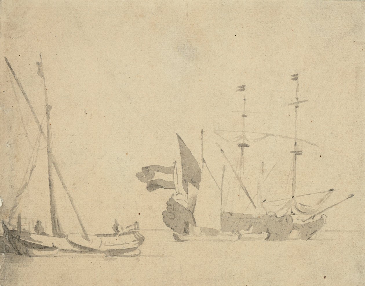 Un boeier à un quai et un navire néerlandais au mouillage, c.1665 - Willem van de Velde the Younger