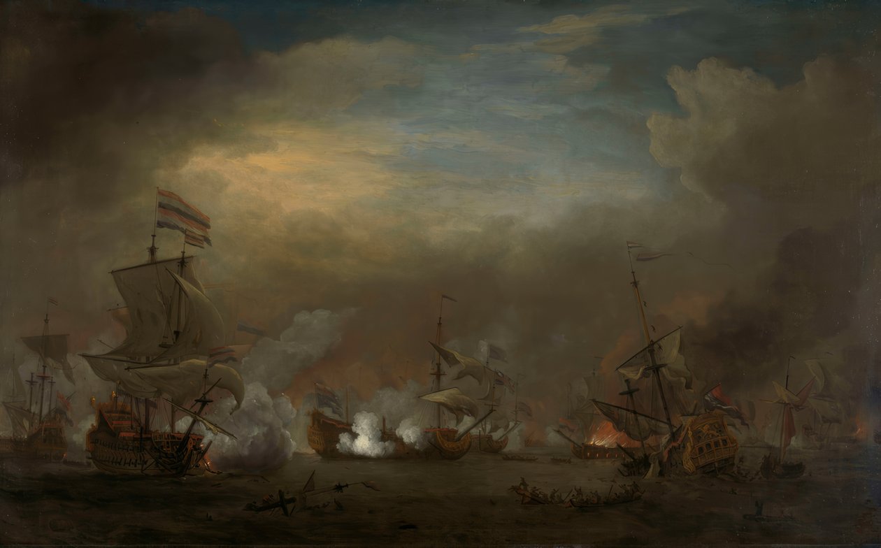 Bataille navale nocturne entre Cornelis Tromp sur le Gouden Leeuw et Sir Edward Spragge sur le Royal Prince - Willem van de Velde the Younger