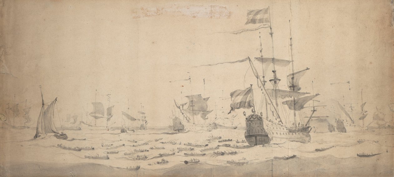 Flotte hollandaise en attente dans une brise : un conseil de guerre, vers 1665 - Willem van de the Elder Velde